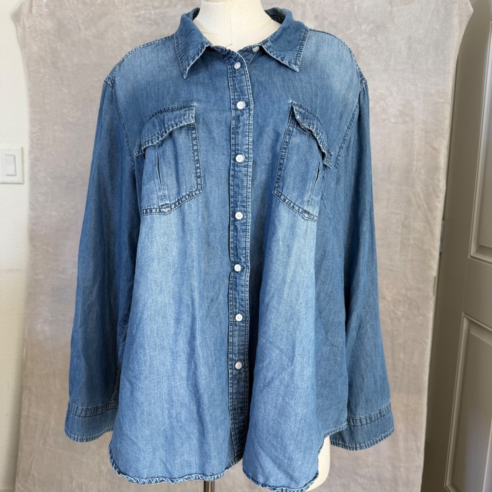 Lane Bryant Denim Button Up Shirt Womens 22/24 Chambray Lyocell Oversized *READ